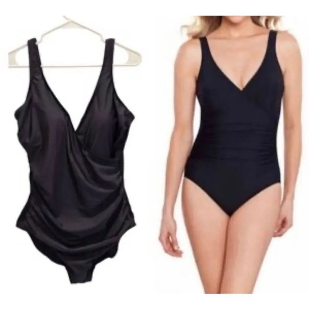 Miracle suit women’s swimming, black crossover front swimsuit, size 14